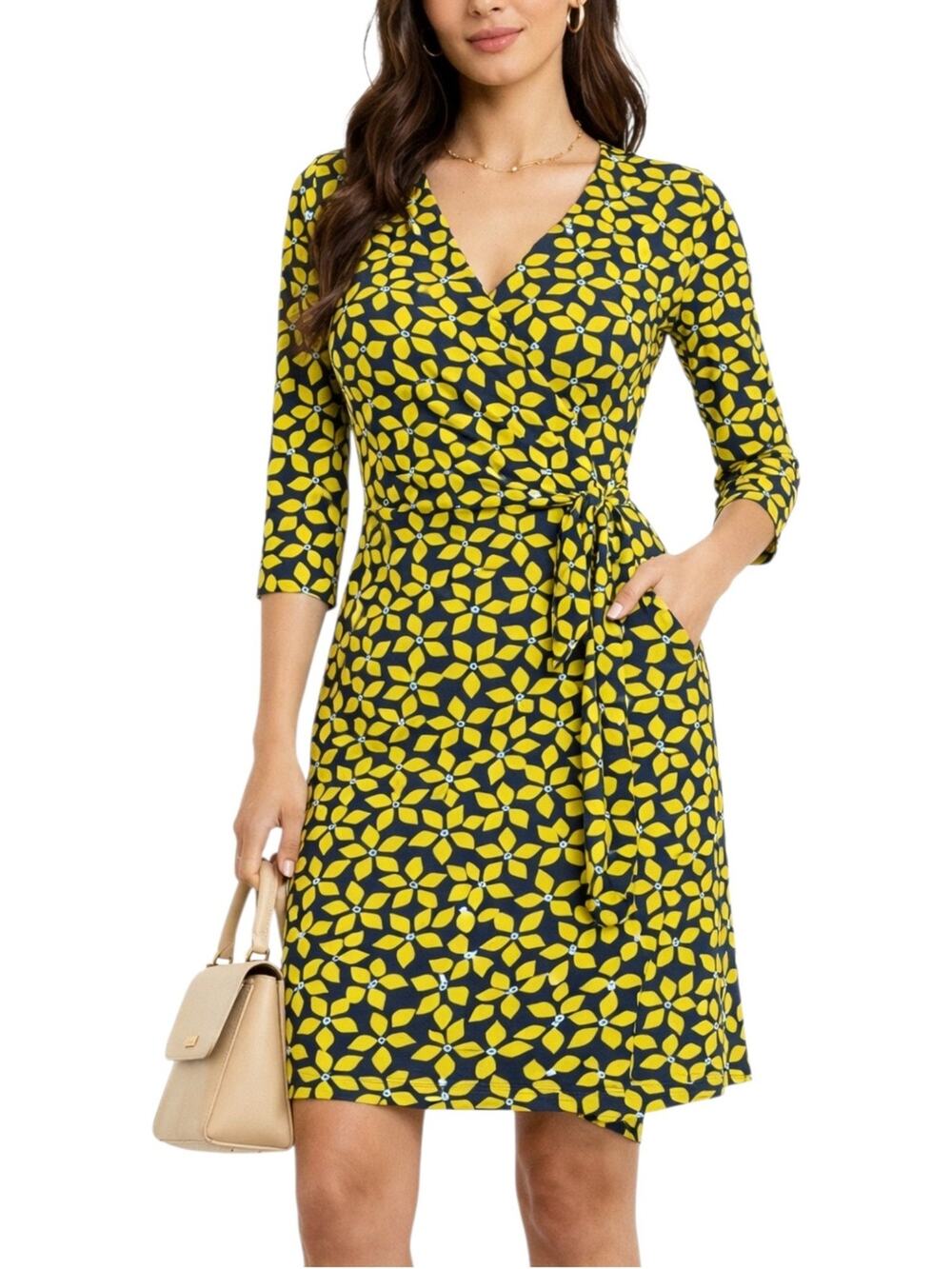 Diane Von Furstenberg Yellow Navy Geometric Floral Wrap Cocktail Dress Size 6